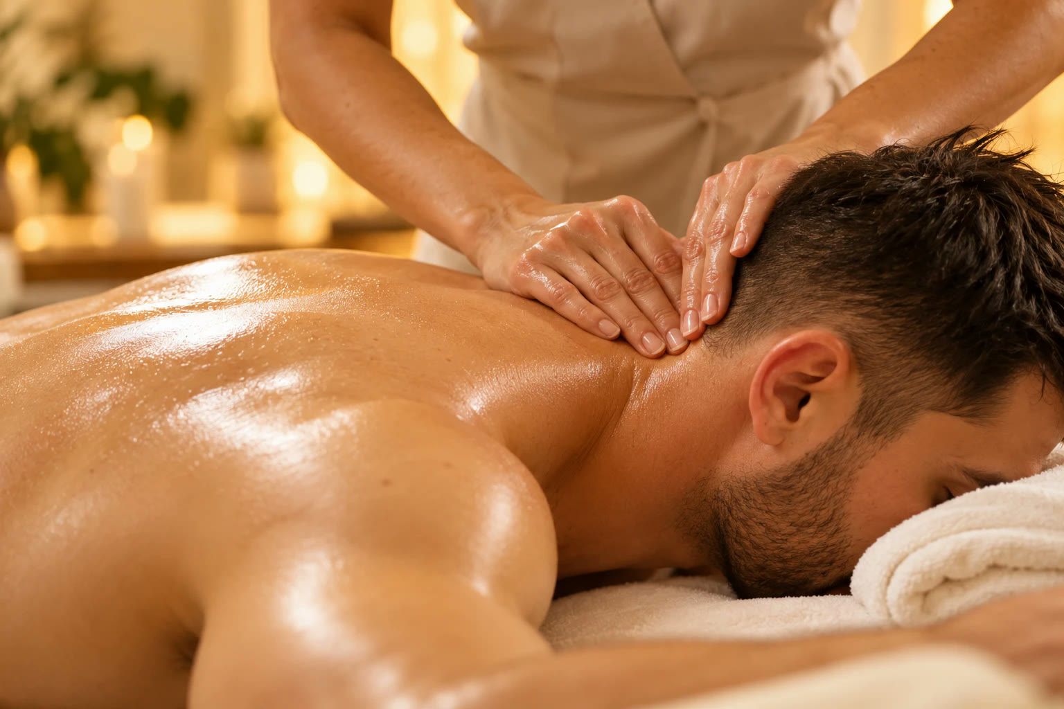 Massoterapeuta massageando o pescoço e os ombros de um cliente, em ambiente iluminado por velas
