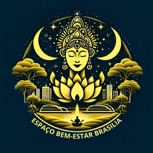 Emblema do Espaço Bem-Estar Brasília: rosto sereno sobre uma flor de lótus, sob o céu noturno de Brasília